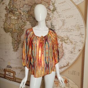 Cha Cha Vente scoop neck tie front orange teal sheer boho blouse colorful flow S